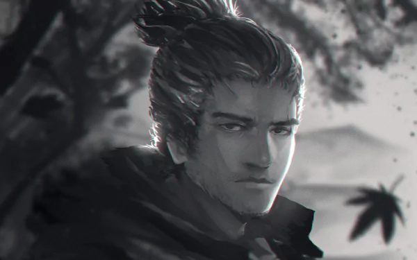 HD PC desktop wallpaper featuring Sekiro, the main character from the video game Sekiro: Shadows Die Twice, in a detailed grayscale portrait with a blurred natural background.