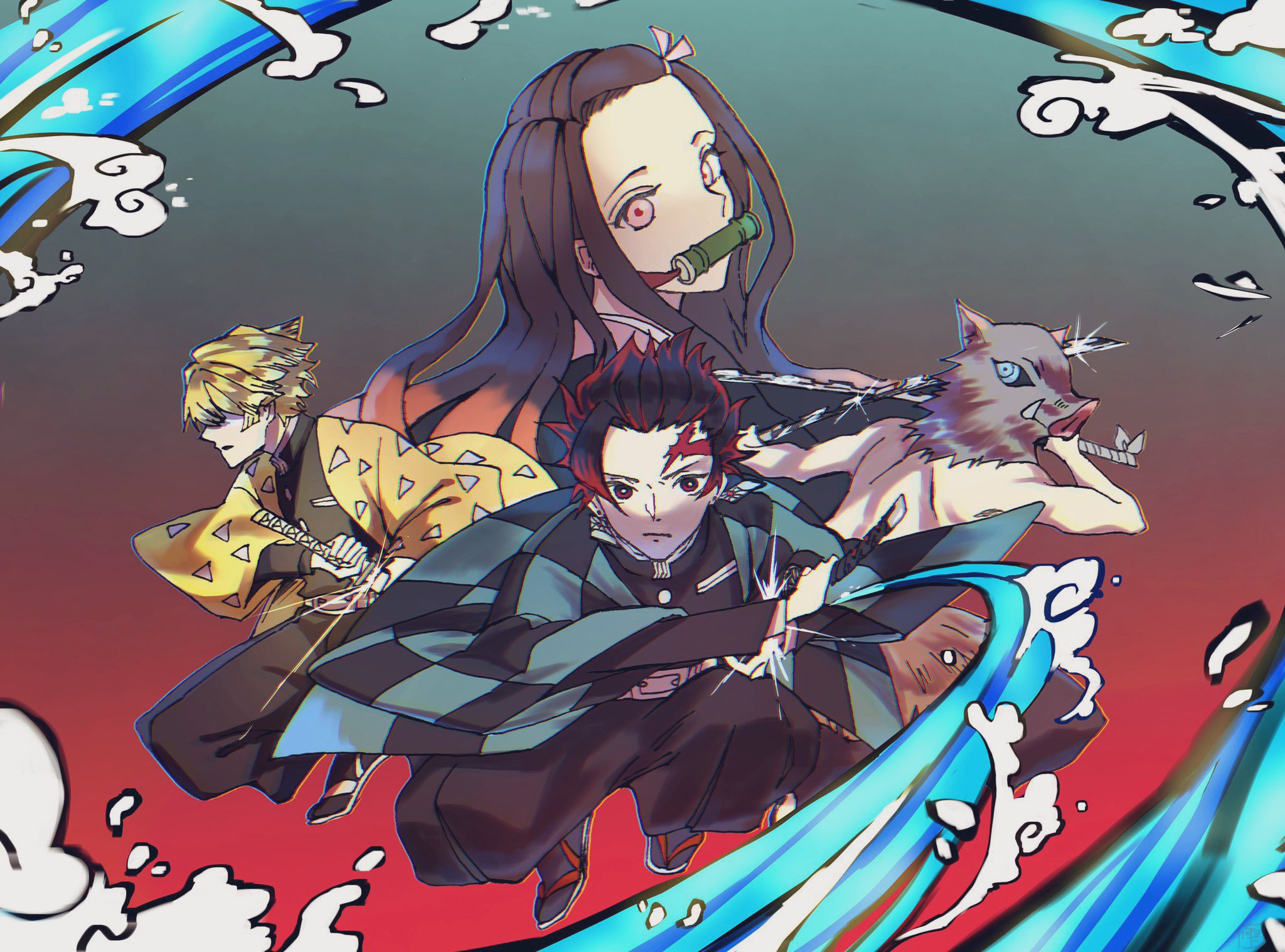 Download Tanjiro Kamado Nezuko Kamado Zenitsu Agatsuma Inosuke Hashibira  Anime Demon Slayer: Kimetsu No Yaiba HD Wallpaper by 雫