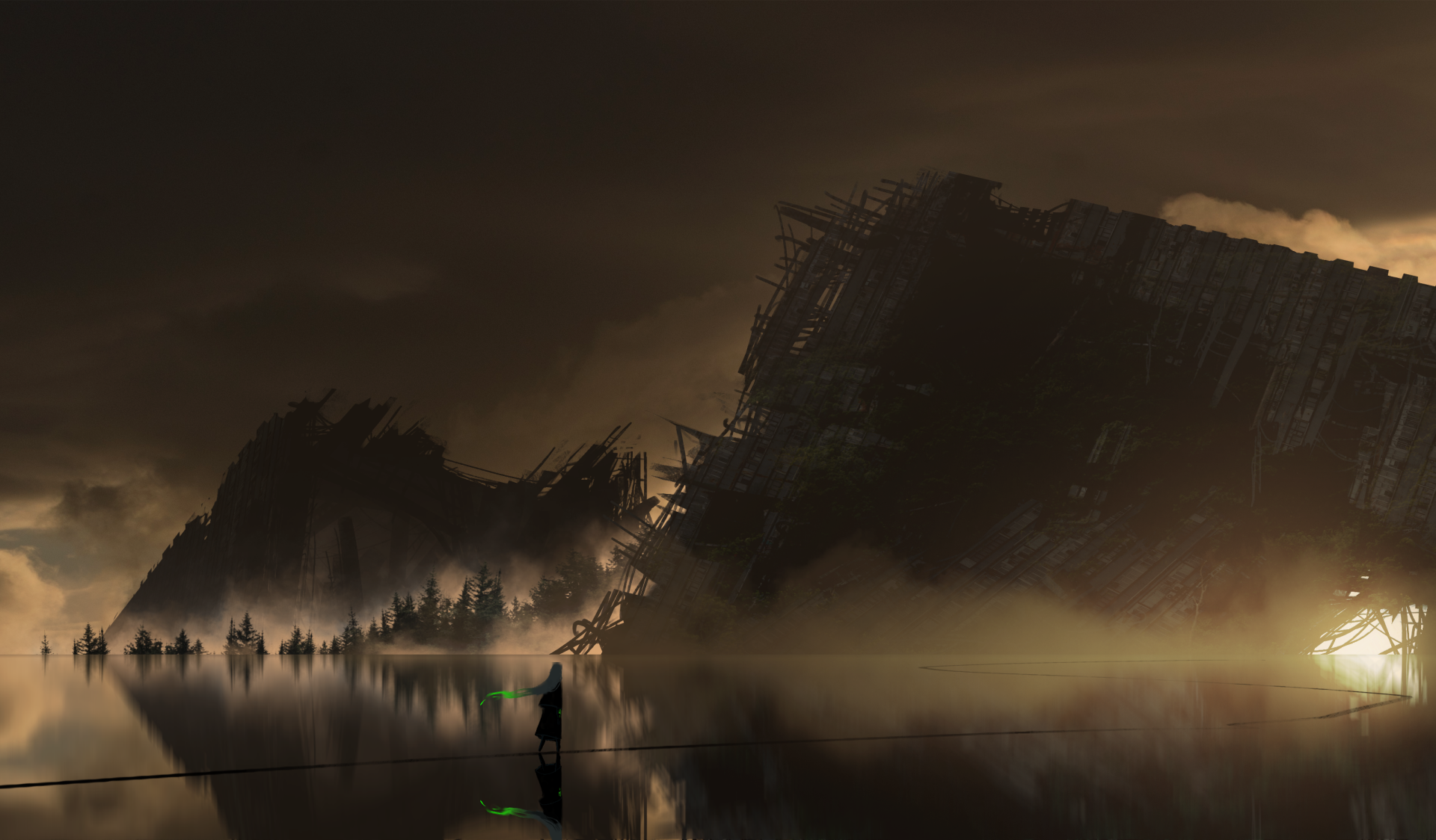 Dark anime landscape depicting a mysterious, foggy scene with silhouetted figures by water and large shadowy structures, designed as an HD PC desktop wallpaper.