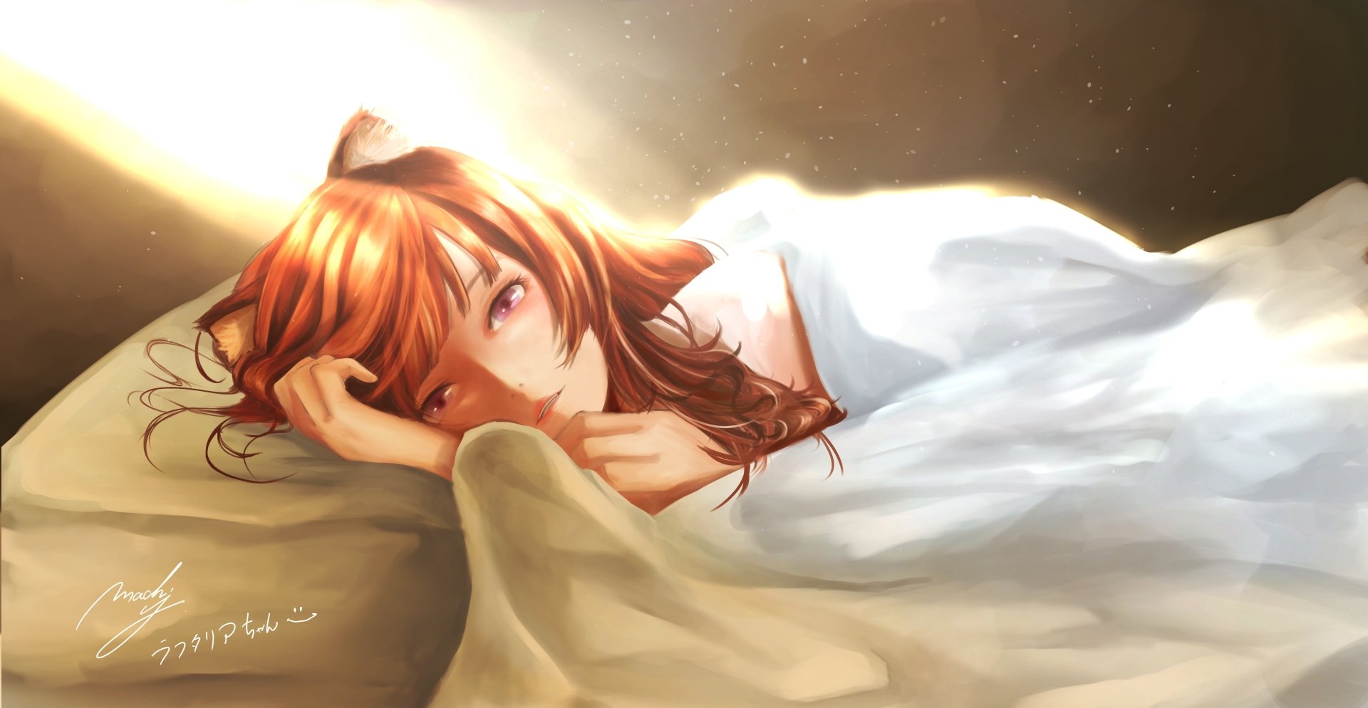 Raphtalia from The Rising of the Shield Hero lies in bed wrapped in a blanket, with warm light illuminating her red hair. 4K Ultra HD anime desktop wallpaper.