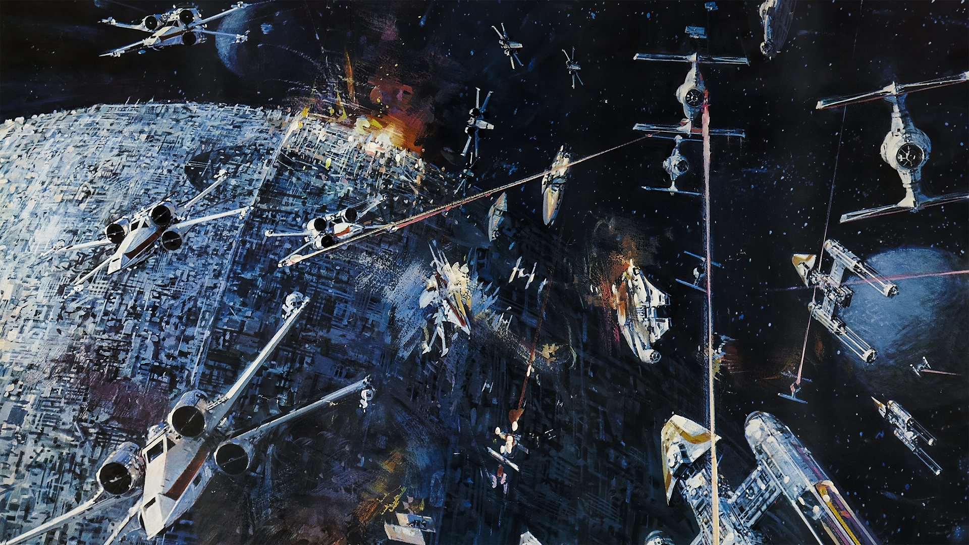 A dynamic scene from Star Wars featuring a fleet of spacecraft engaged in battle against a chaotic backdrop of stars and explosions, designed for 4K Ultra HD desktops.