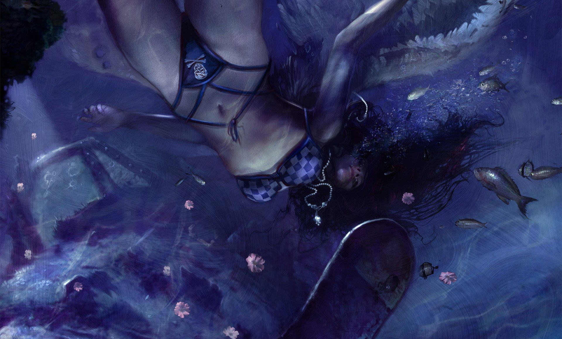 A captivating fantasy scene featuring a woman underwater, surrounded by aquatic life and vibrant colors, designed as a stunning HD desktop wallpaper and background.