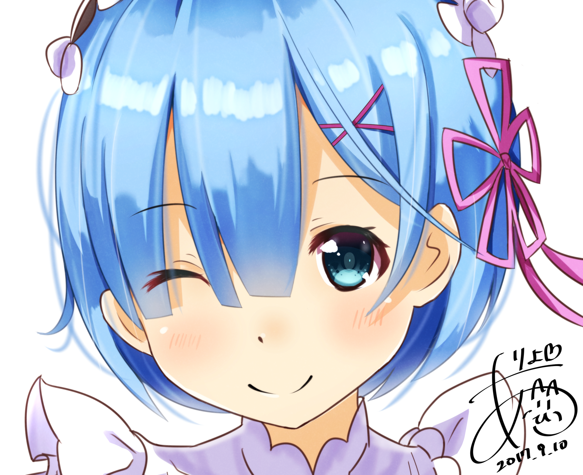 HD PC desktop wallpaper: close-up anime portrait of Rem from Re:Zero - Starting Life in Another World, with short blue hair, blue eyes, winking and smiling, pink hair ribbons.