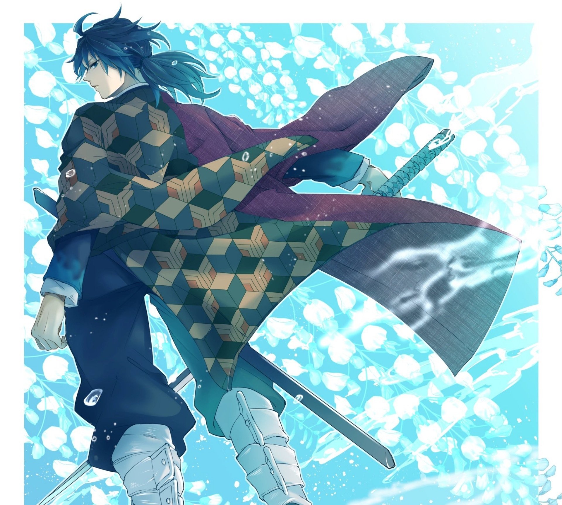 HD desktop wallpaper featuring Giyuu Tomioka from the anime Demon Slayer: Kimetsu no Yaiba, showcasing his signature haori and water-themed background.