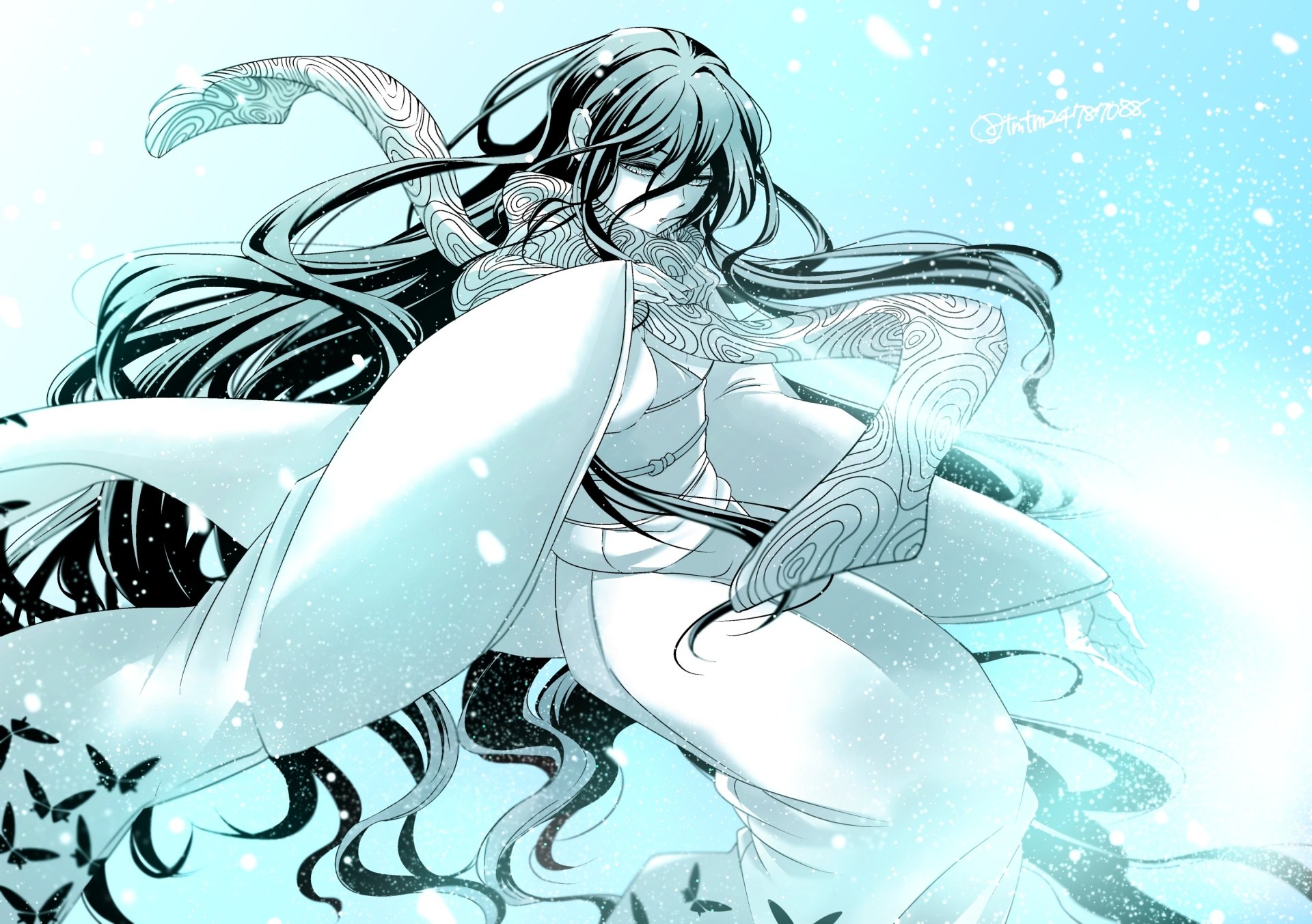 Anime 2K Quad HD desktop wallpaper: a Nura: Rise of the Yokai Clan character with flowing hair and kimono, icy-blue tones and swirling water.