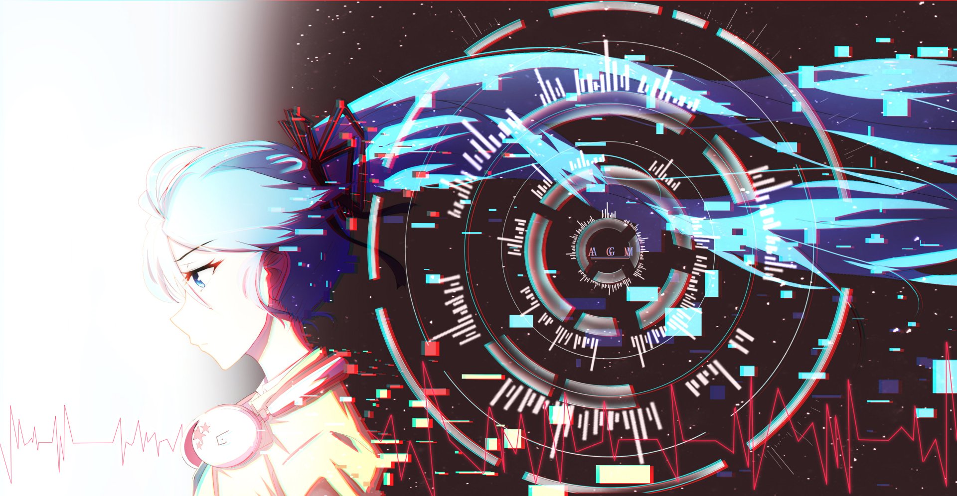 HD anime desktop wallpaper featuring Hatsune Miku from Vocaloid with digital, glitch-style effects and futuristic circular graphics in vibrant blue and red tones.