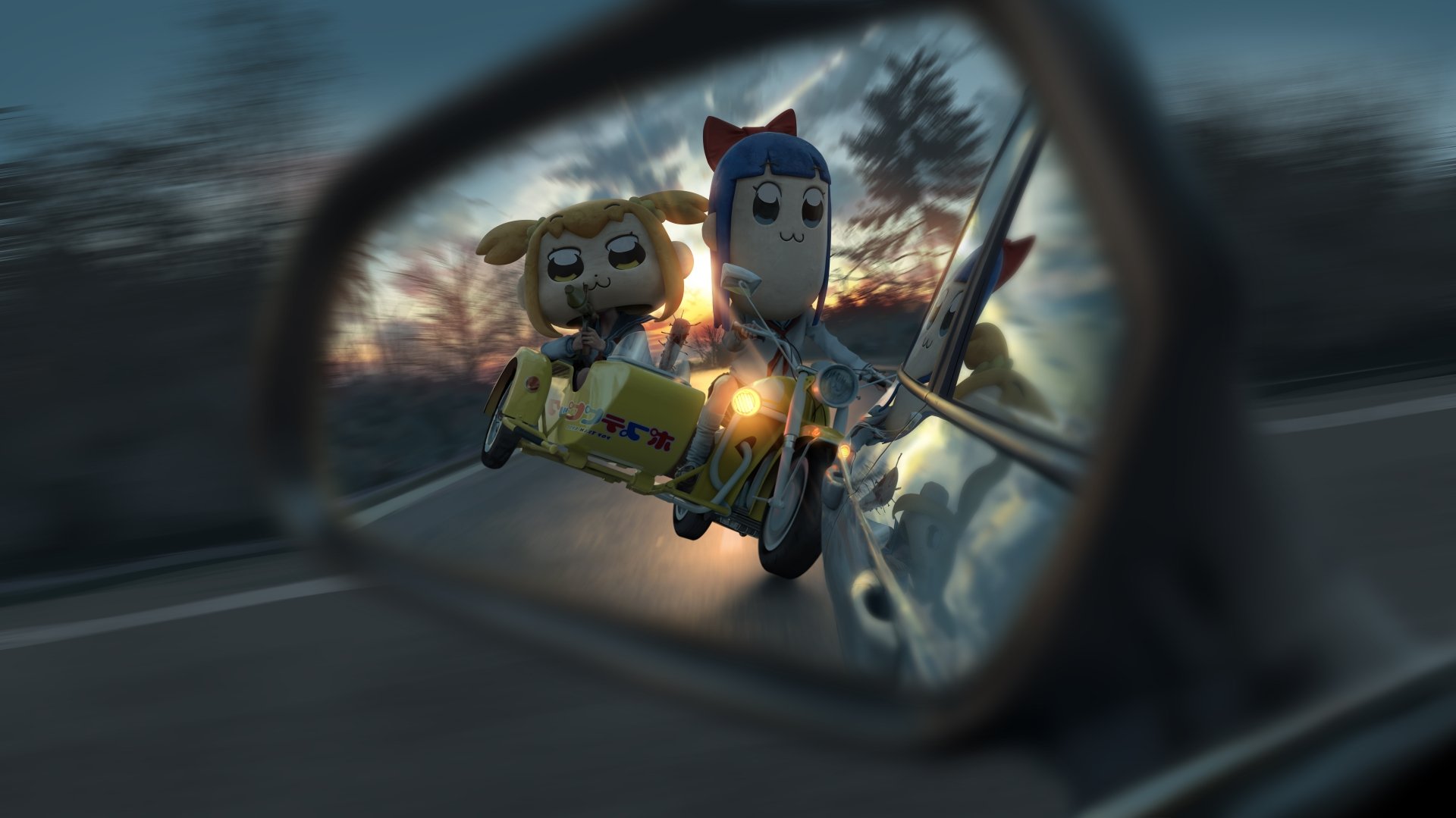 Anime-style 8K Ultra HD wallpaper featuring Popuko and Pipimi from Pop Team Epic, shown with dynamic motion reflected in a car side mirror.