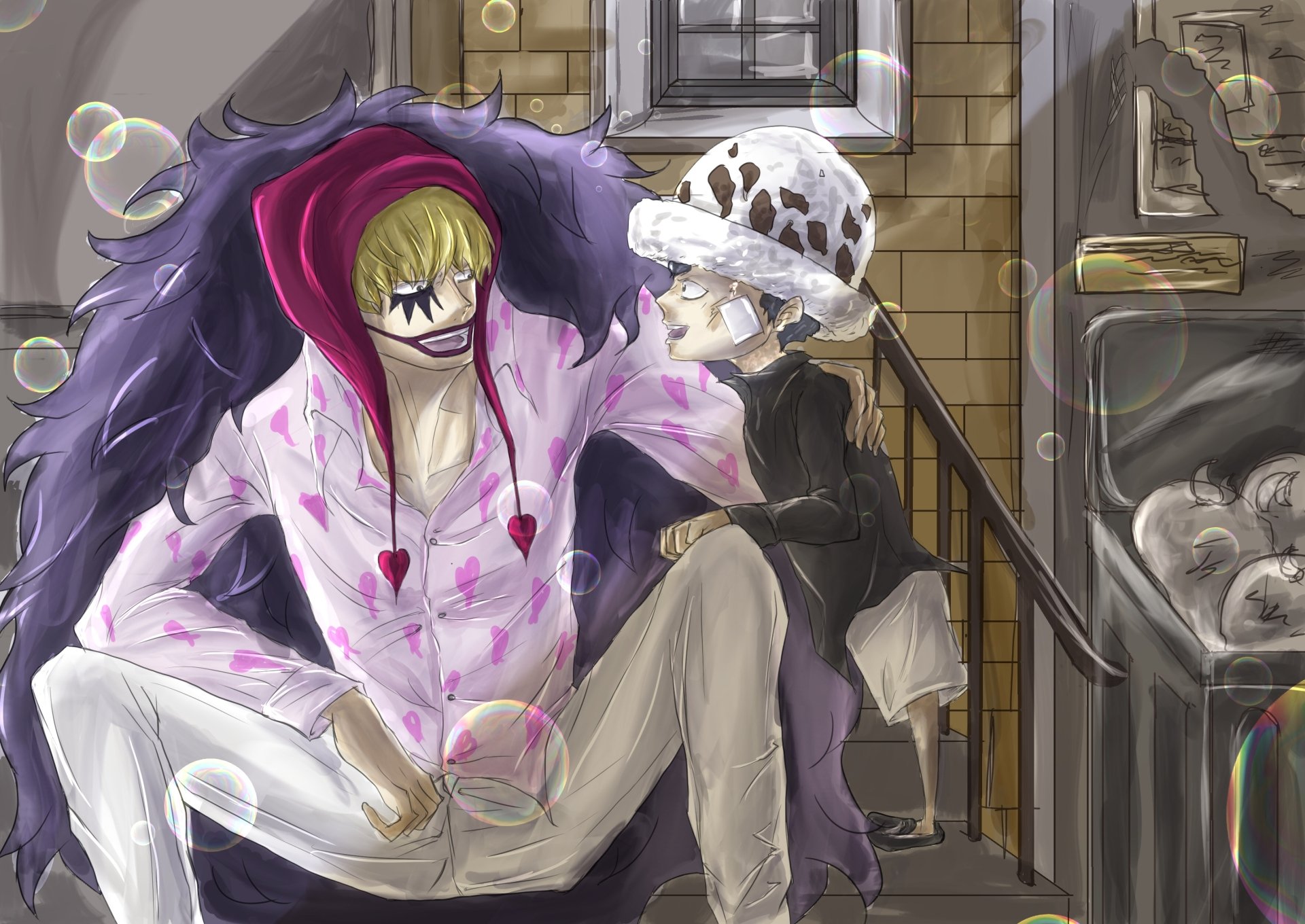 HD anime wallpaper featuring Donquixote Rosinante (Corazon) and Trafalgar Law from One Piece, showcasing a detailed and vibrant scene with bubbles and warm lighting.