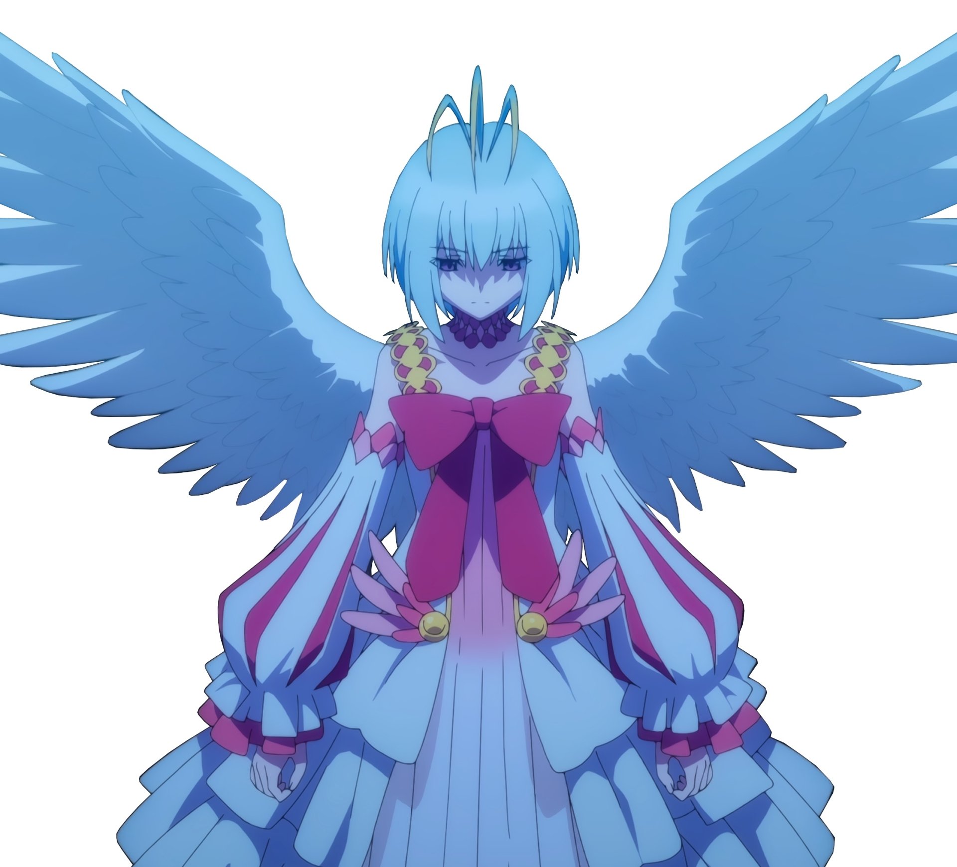 Fitoria from The Rising of the Shield Hero with blue hair, wearing an ornate dress and large wings, depicted in detailed anime style as an HD PC desktop wallpaper background.