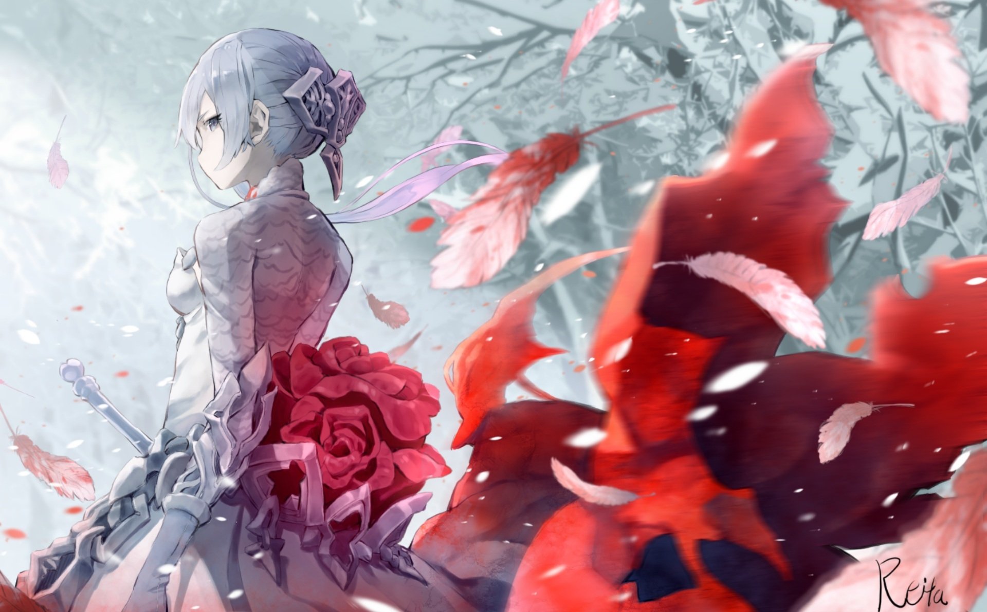 HD PC desktop wallpaper featuring Snow White from the SINoALICE video game, surrounded by delicate petals and a dynamic red cloak in a wintry setting.