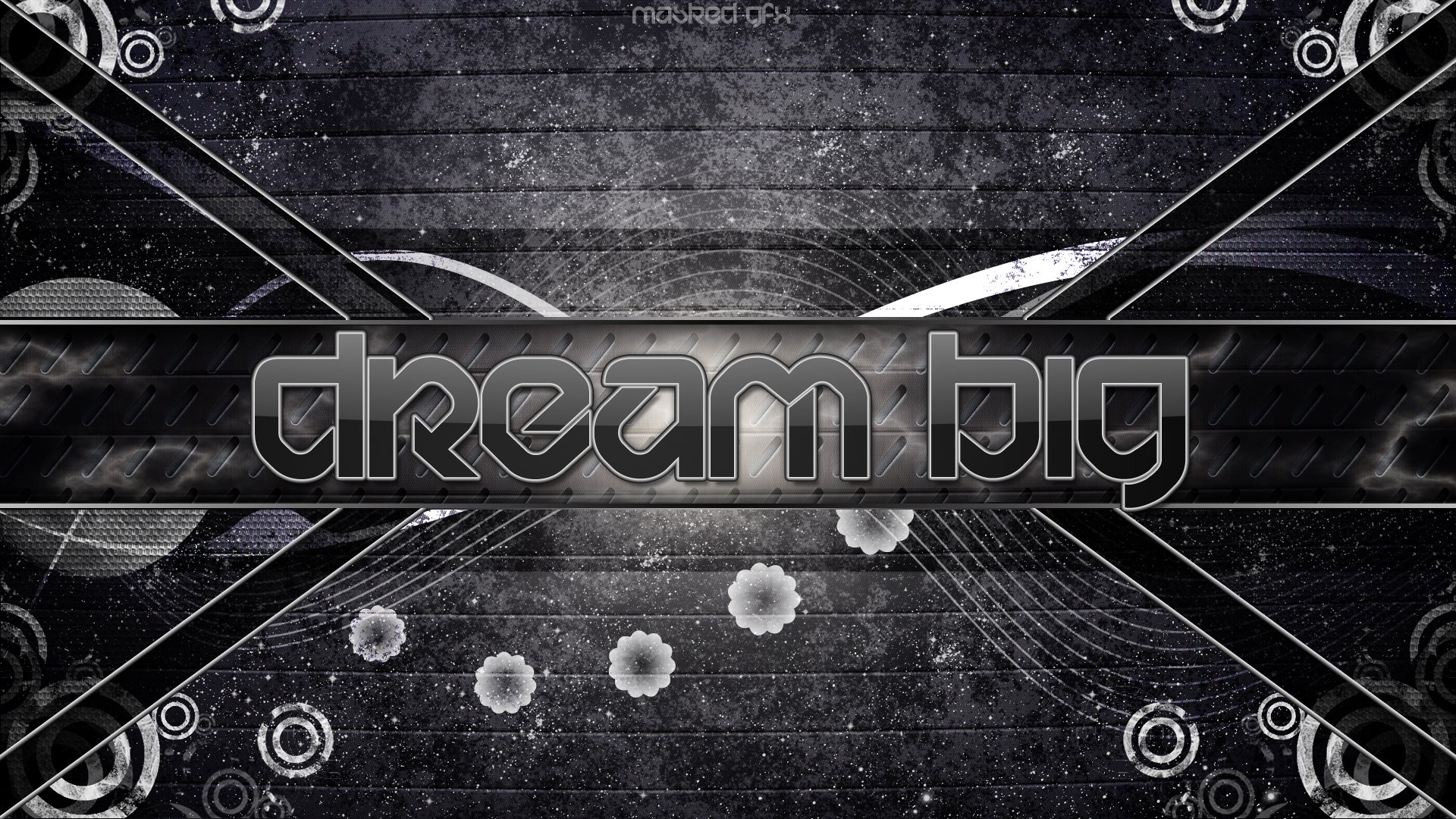 Abstract black HD desktop wallpaper featuring bold geometric lines and circular patterns with the phrase dream big centered in a modern, sleek font.