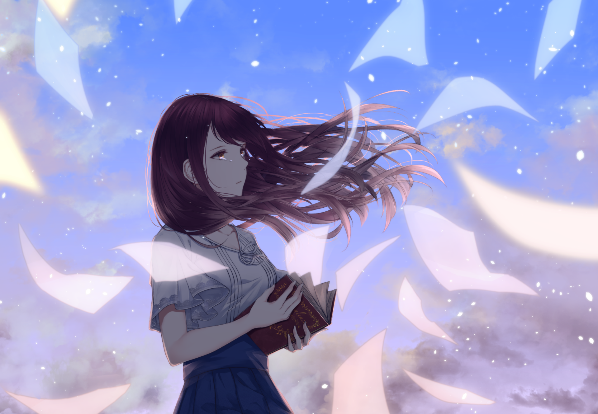 Anime-style HD desktop wallpaper of a girl with purple hair holding a book, tears in her eyes, surrounded by floating pages against a soft, dreamy sky background.