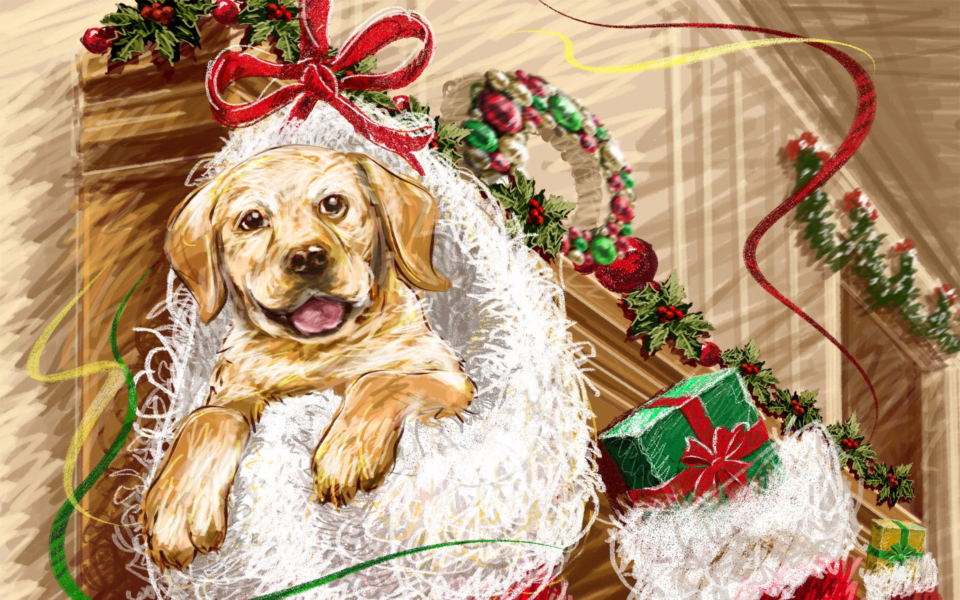 HD PC desktop wallpaper featuring a cheerful dog nestled in a Christmas stocking, surrounded by festive holiday ornaments and decorations.
