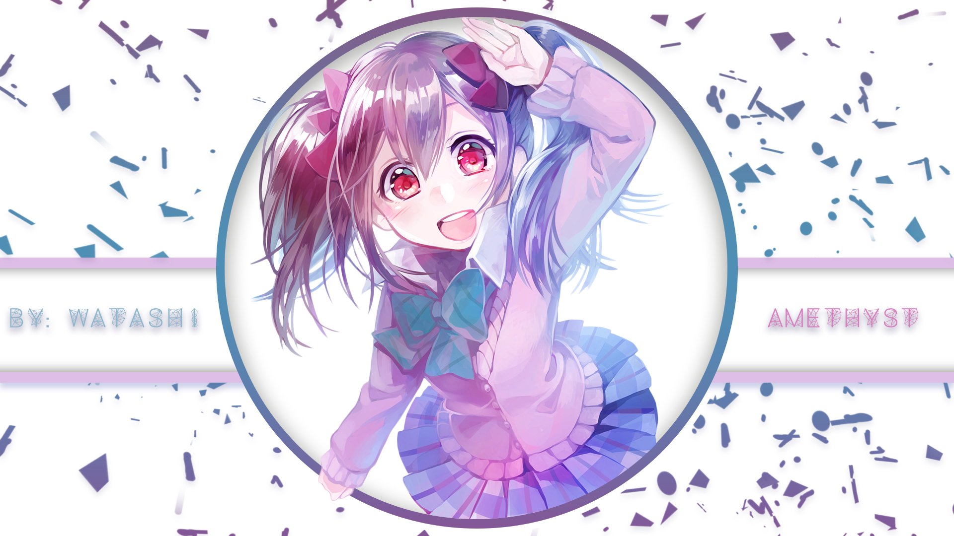 HD PC desktop wallpaper featuring Nico Yazawa from the anime Love Live!, with vibrant colors and dynamic confetti accents highlighting her cheerful pose.