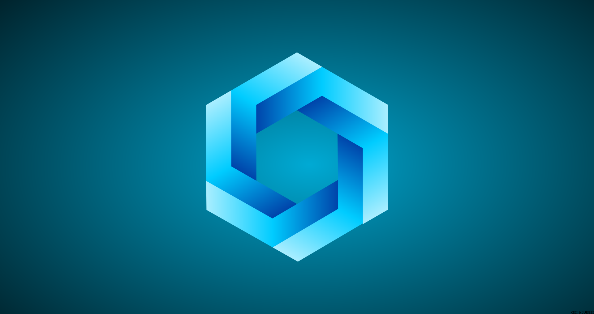 8K Ultra HD PC desktop wallpaper: abstract blue hexagon pattern forming a glossy 3D interlocking loop on a teal gradient background.