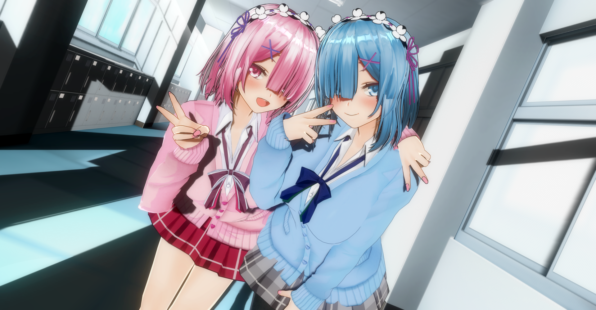 Download Short Hair Pink Eyes Blue Eyes Pink Hair Blue Hair Ram (Re:ZERO) Rem (Re:ZERO) Anime Re:Zero - Starting Life In Another World HD Wallpaper by 紫月