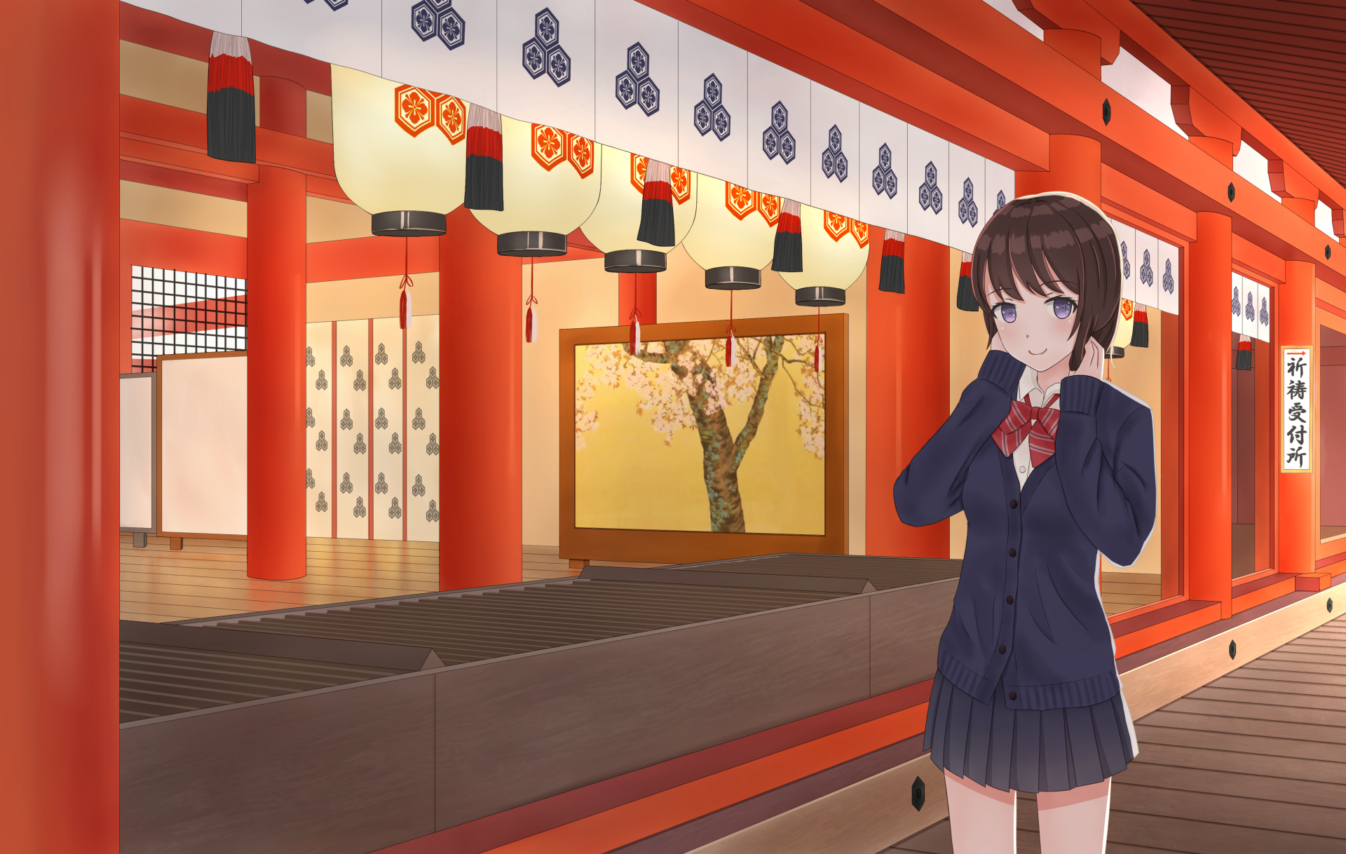 Download School Uniform Short Hair Brown Hair Purple Eyes Anime Original 4k Ultra HD Wallpaper by biako