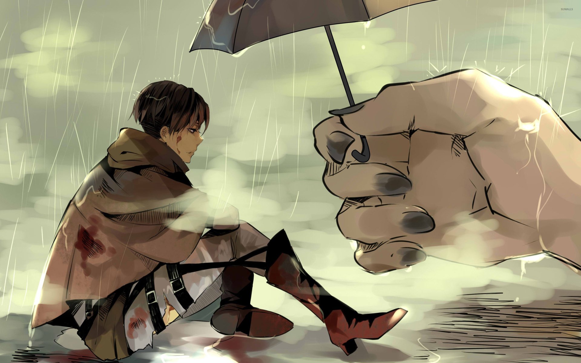 An HD desktop wallpaper featuring Levi Ackerman from Attack on Titan, sitting in the rain with an umbrella, juxtaposed against a large hand reaching out above him.