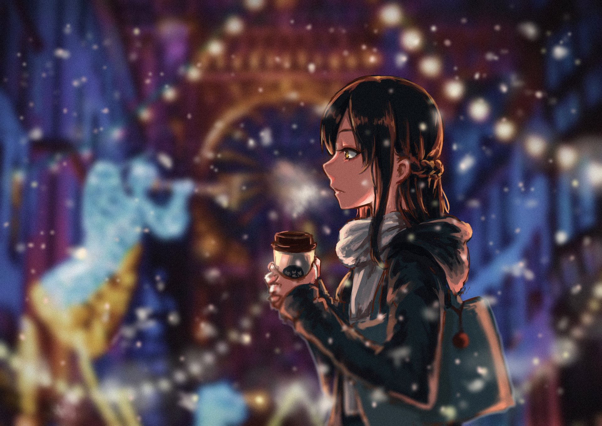 Anime-style HD desktop wallpaper featuring a brown-haired character with yellow eyes, wearing a scarf and carrying a bag, holding a coffee cup amidst a snowy, blurred cityscape.