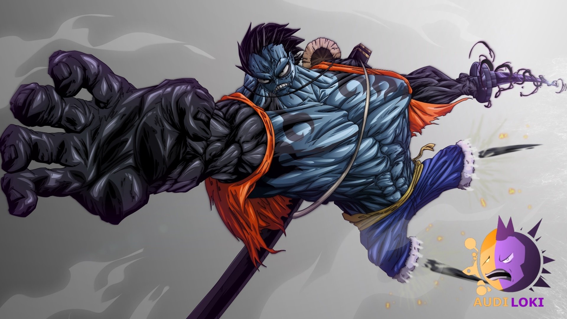 HD PC desktop wallpaper of Monkey D. Luffy from One Piece in stylized anime Gear Fourth pose, powerful extended arm and dynamic motion against a smoky gray background.