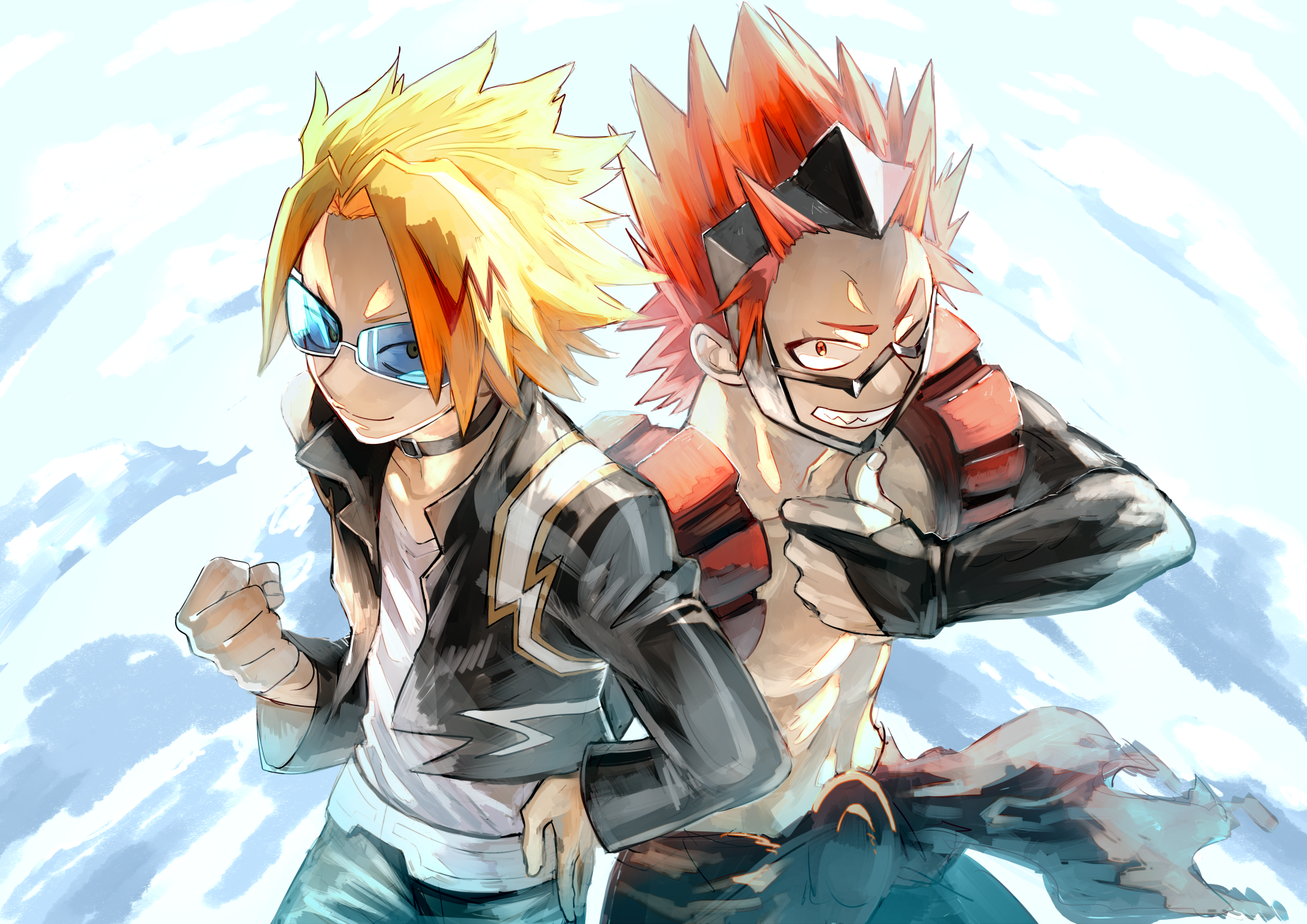 HD desktop wallpaper featuring Denki Kaminari and Eijiro Kirishima from the anime My Hero Academia. Both characters are striking dynamic poses against a vibrant blue sky background.