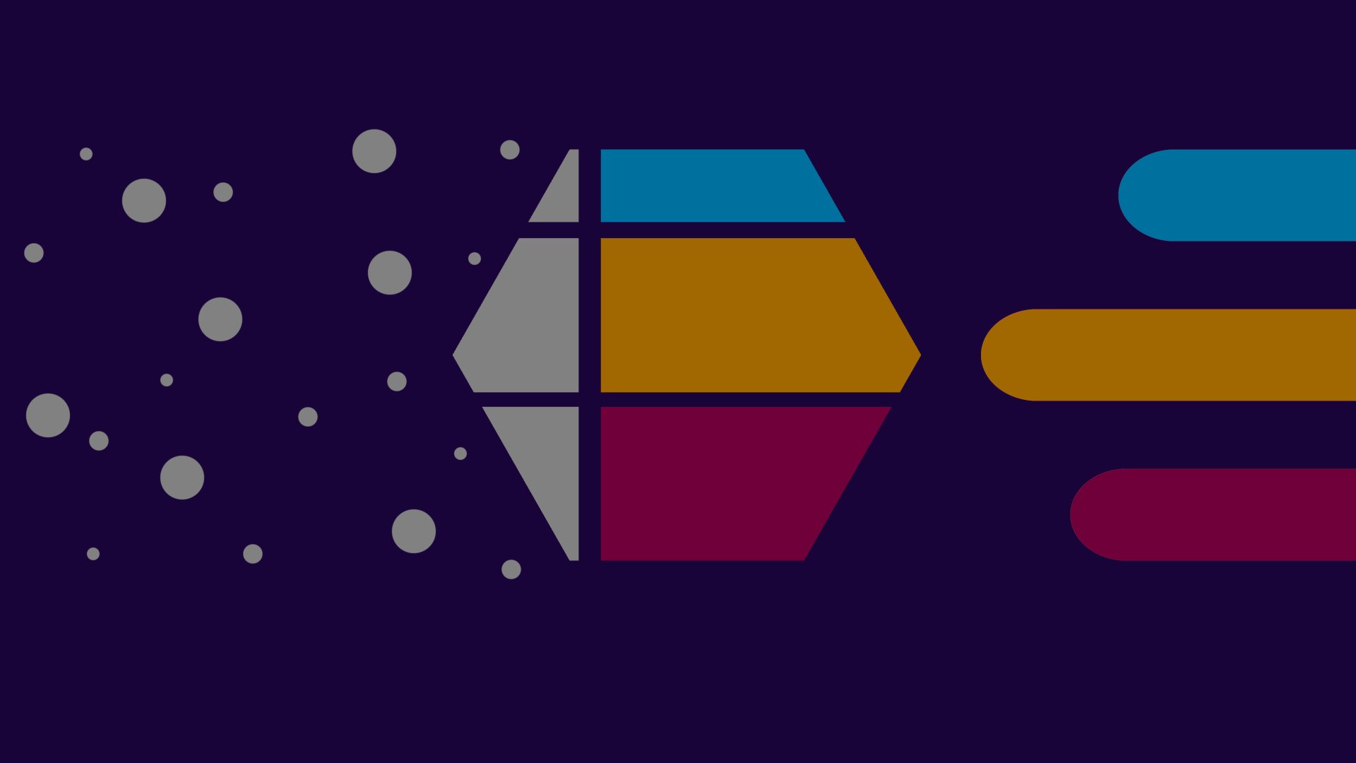 Abstract 4K Ultra HD PC desktop wallpaper featuring a blue and orange hexagon design with floating dots and horizontal bars on a dark background.