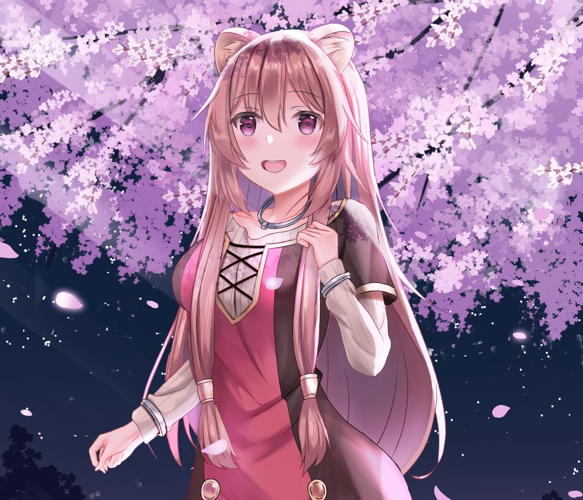 HD PC wallpaper featuring Raphtalia from The Rising of the Shield Hero with brown hair and purple eyes, standing under blooming sakura trees in an anime style.