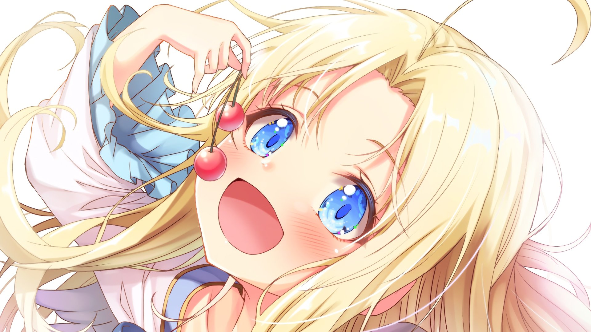 Anime-style 4K Ultra HD wallpaper featuring Filo from The Rising of the Shield Hero with bright blue eyes and flowing blonde hair, holding cherries near her face.