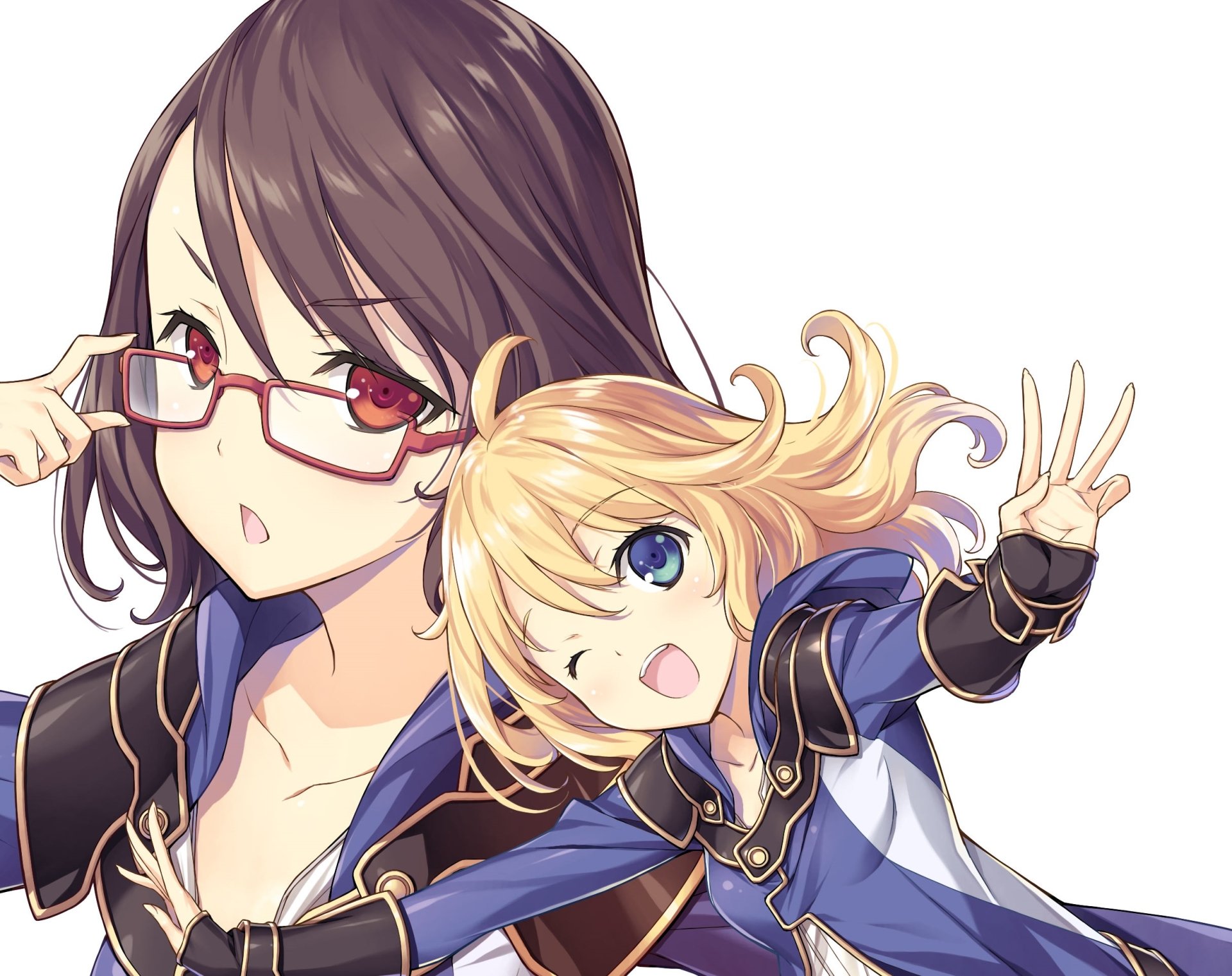 HD anime desktop wallpaper featuring two characters from Kenja No Mago, one with red eyes and brown hair wearing glasses, and a blonde with blue eyes in dynamic poses.