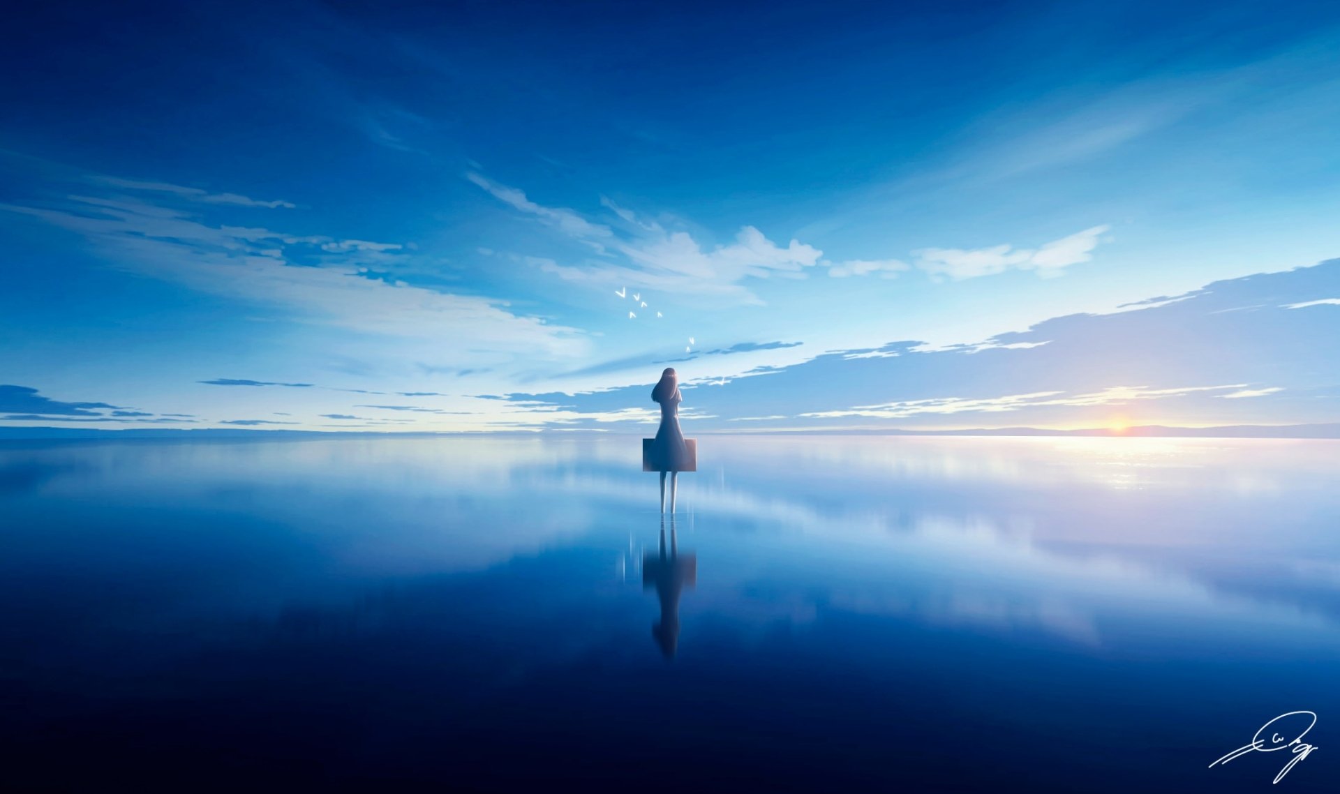 HD anime wallpaper featuring an original design of a serene seascape with a lone character standing on a reflective water surface, under a vast, cloud-streaked sky.