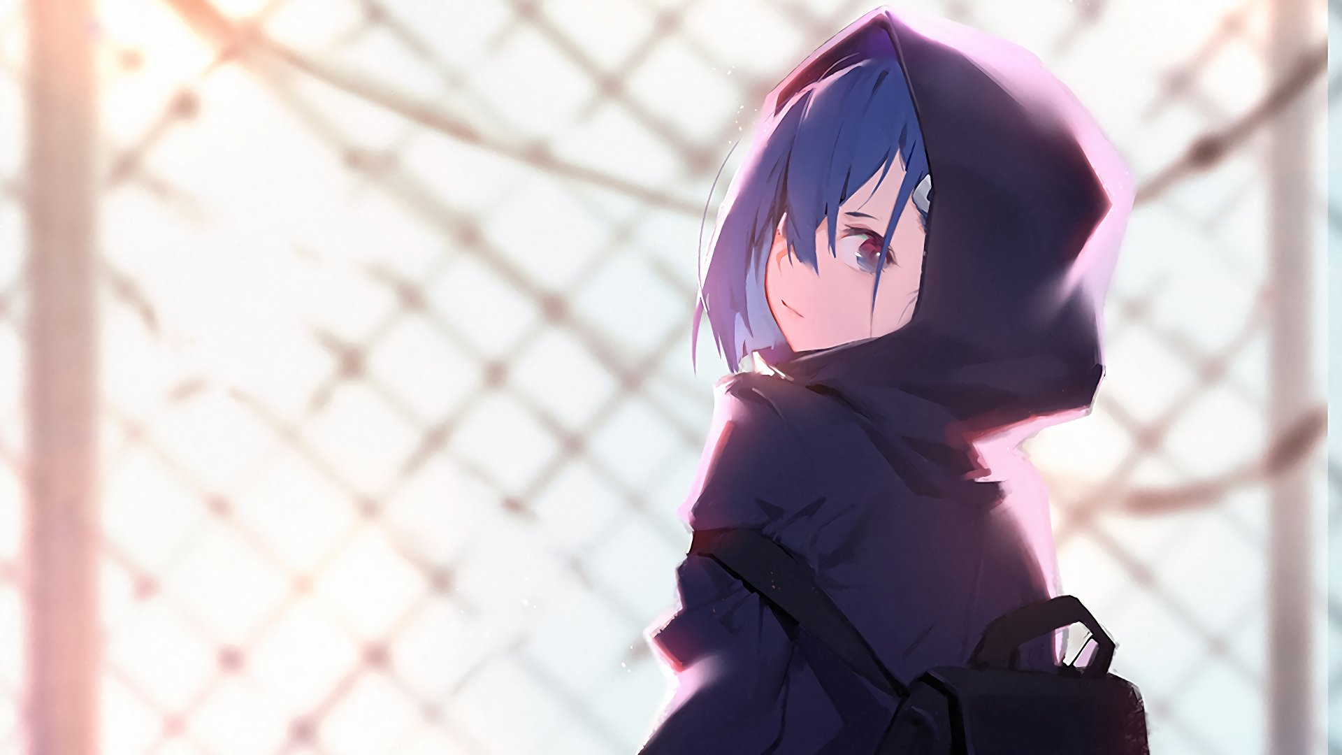 HD desktop wallpaper featuring Ichigo from the anime Darling in the FranXX, with a serene background showcasing a soft light glow through a fence.