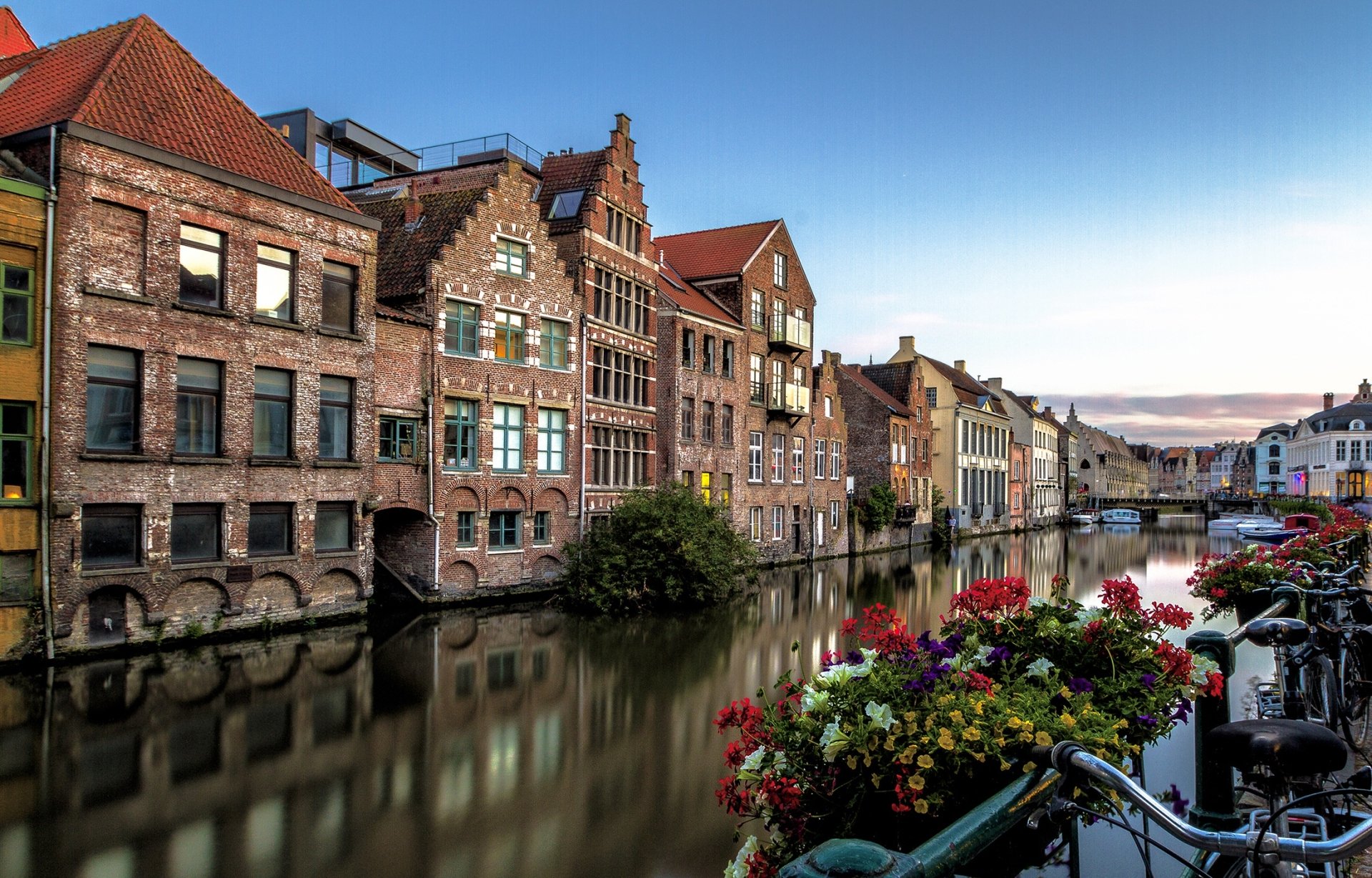 Download Town Belgium Canal Reflection Flower Man Made Ghent HD Wallpaper