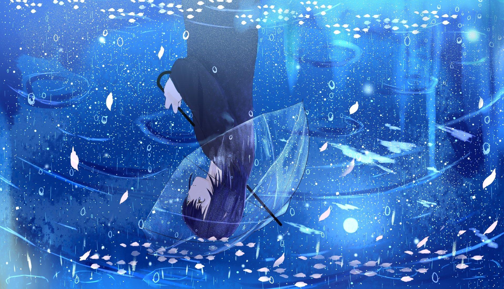 An anime girl with purple hair holds an umbrella in the rain, surrounded by sakura petals. Her reflection is visible on the wet ground. HD wallpaper and background.