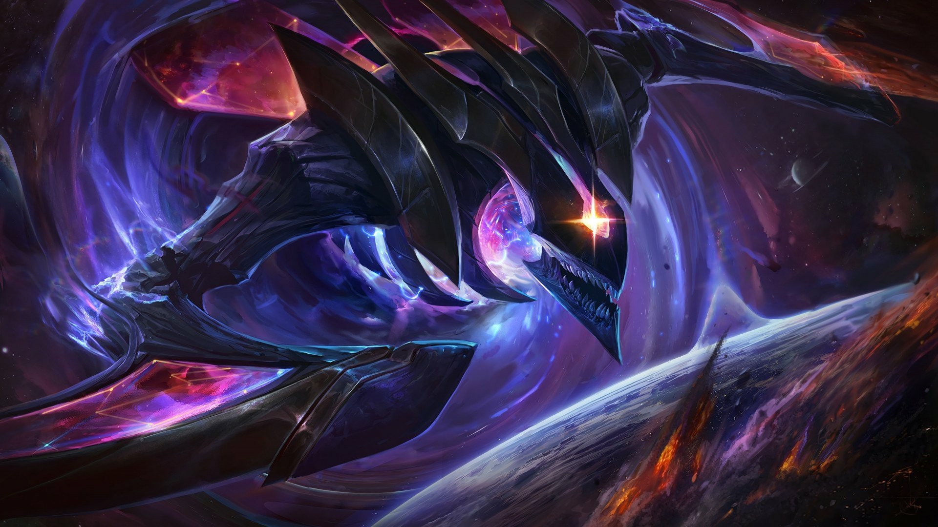 HD PC desktop wallpaper featuring Kha'Zix from the video game League of Legends, showcasing the character in a cosmic, dark-themed environment.