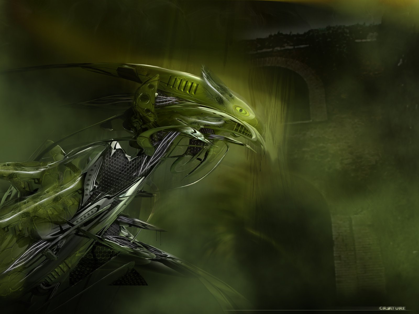 Abstract green HD desktop wallpaper featuring a futuristic robot with intricate details, set against a dark, technology-themed background.