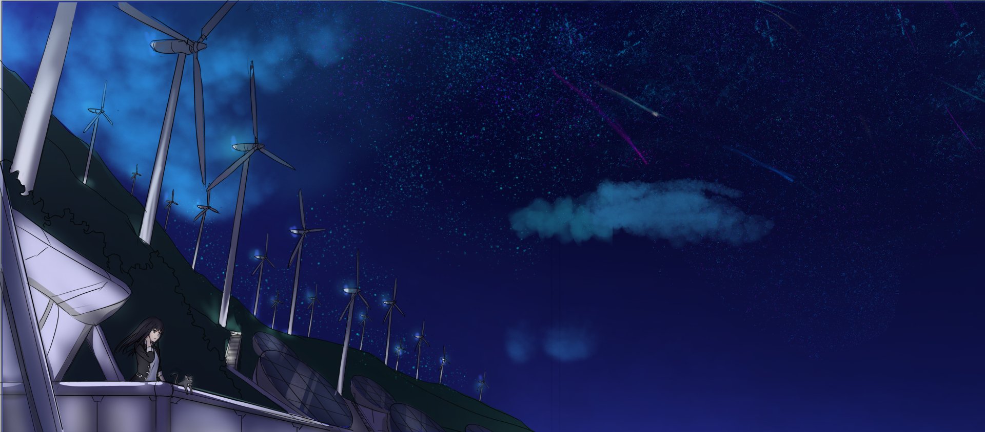 Anime-style night scene with a serene cat sitting by wind turbines under a starry sky, highlighted by a bright shooting star in this HD PC desktop wallpaper.