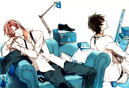 Anime HD desktop wallpaper featuring Tadaomi Shirotani and Riku Kurose from Ten Count, seated on a blue couch surrounded by books and a desk lamp.