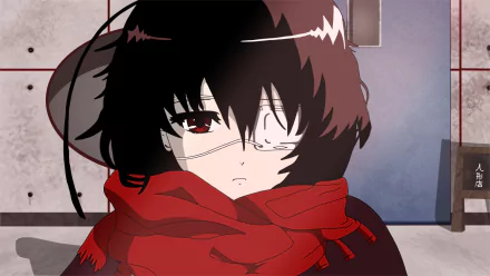 HD PC desktop wallpaper featuring Mei Misaki from the anime Another, showcasing her distinctive eyepatch, dark hair, and red scarf in a muted classroom setting.