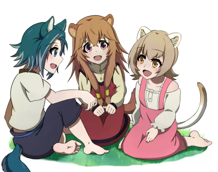 A vibrant HD wallpaper featuring Raphtalia, Rifana, and Keel from The Rising of the Shield Hero, showcased in a playful, animated scene, highlighting their lively expressions and character designs.
