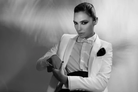 Black and white 4K Ultra HD portrait of Israeli actress and model Gal Gadot in a stylish tuxedo, exuding celebrity elegance and confidence.
