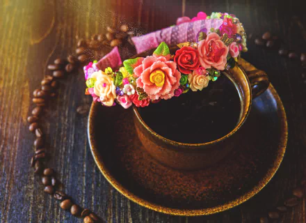 A decorative flower headband rests on a dark cup of coffee, surrounded by scattered coffee beans. The image is a high-definition desktop wallpaper and background.