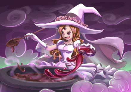 HD anime desktop wallpaper featuring Charlotte Pudding from One Piece dressed as a witch stirring a cauldron with a playful expression against a purple, cloudy background.