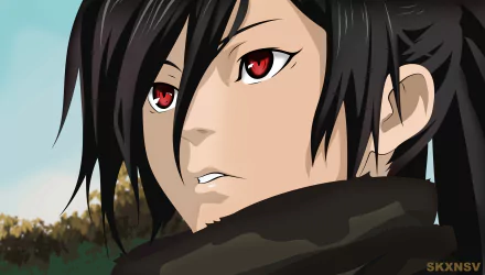 Close-up of Hyakkimaru from the anime Dororo, featuring his black hair and striking red eyes, rendered as a 4K Ultra HD PC desktop wallpaper.