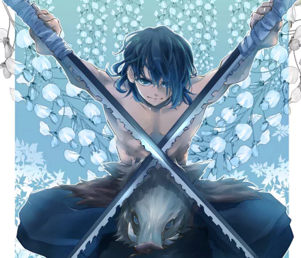 HD wallpaper featuring Inosuke Hashibira from the anime Demon Slayer: Kimetsu no Yaiba, showcasing him holding two swords in front of a floral backdrop.