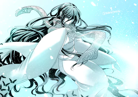 Anime 2K Quad HD desktop wallpaper: a Nura: Rise of the Yokai Clan character with flowing hair and kimono, icy-blue tones and swirling water.