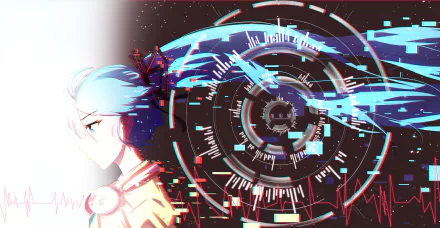 HD anime desktop wallpaper featuring Hatsune Miku from Vocaloid with digital, glitch-style effects and futuristic circular graphics in vibrant blue and red tones.