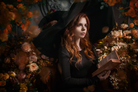 A redhead woman with long hair in a witch hat reads a book surrounded by white and peach roses, captured in a detailed 4K Ultra HD cosplay wallpaper.