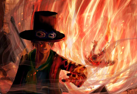 Sabo (One Piece) in a top hat summoning roaring flames in an anime-style action scene — 4K Ultra HD PC desktop wallpaper background.