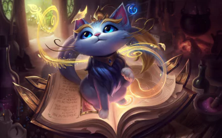 Yuumi from League of Legends appears enchanting on an open book, surrounded by magical elements, creating a captivating HD wallpaper for fans of the game.