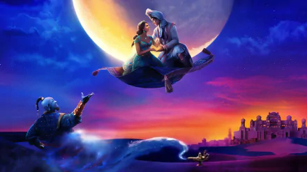 HD desktop wallpaper featuring characters from the movie Aladdin (2019), including Will Smith as the Genie and Princess Jasmine, set against a vibrant night sky with a large moon and magical scenery.